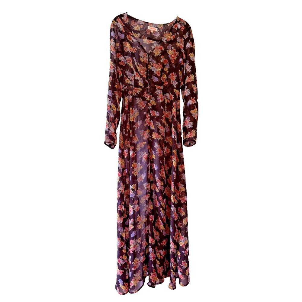 Nameless Floral Sheer Maxi Dress Sm Button Front Slit Boho Cottagecore Y2K Flowy
